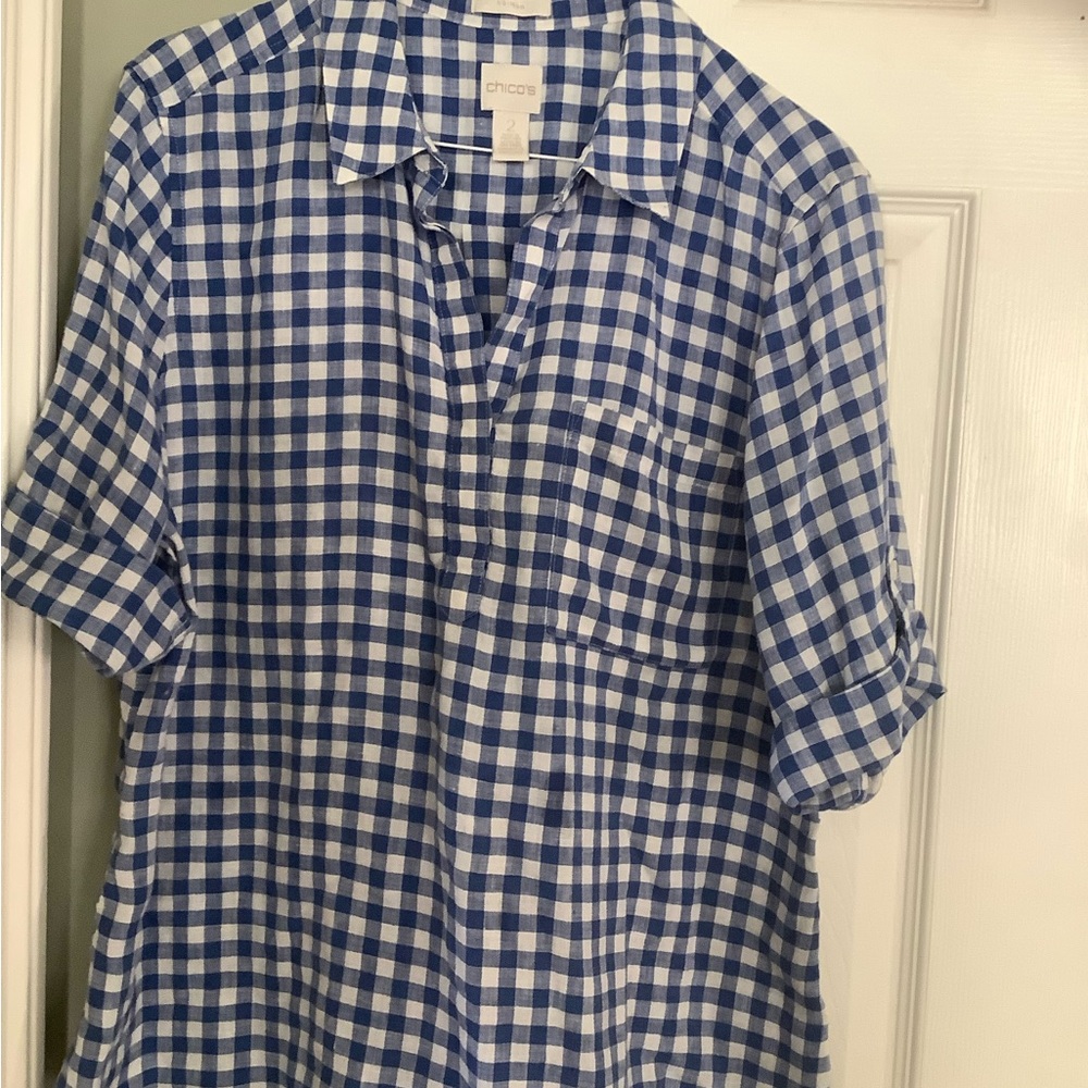 Chico's Blue Casual Button Down Shirt Gingham Check